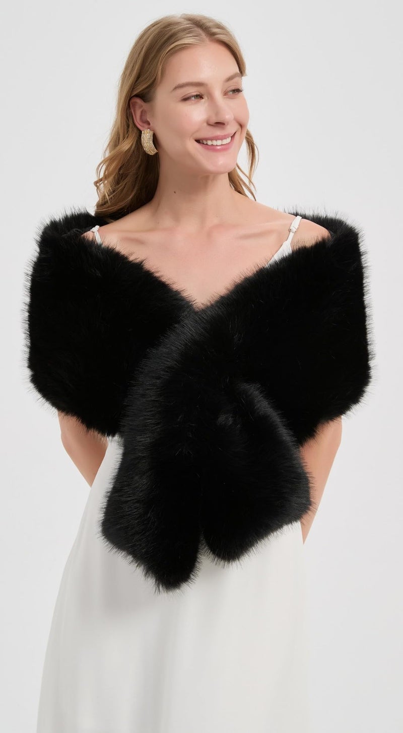 DJBM Women's Faux Fur Shawl Wraps Cloak Coat Sweater Cape for Evening Party Silver - Image 2